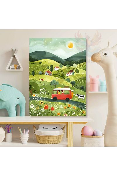Artarilion Pânză cu model de sat drăguț tabloul print pentru camera de joc Decor de perete