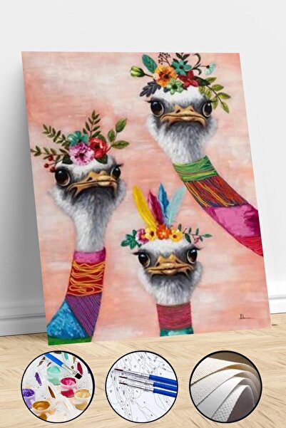 Pastelya Sayılarla Boyama Seti Çerçeveli Kasnaklı Deve Kuşu Ailesi 40 x 50 Cm