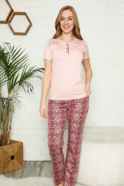 ALİMER Kadın  Pembe Bisiklet Yaka Patlı Kısa Kollu Nakış Desenli Pijama Takım...