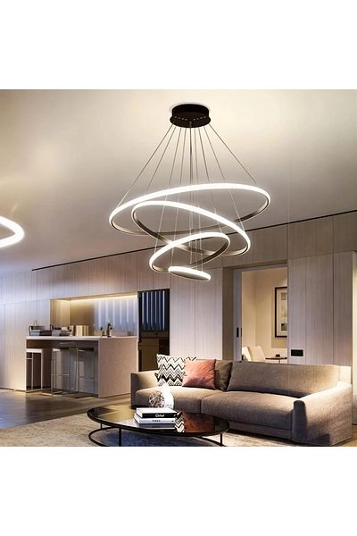 Ece Aydınlatma Frieza Black Case, 4 Rings White Led Light-Led Chandelier for Hall, Room