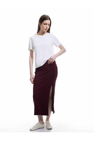 Koton Viscose Ribbed Slim Fit Pencil Skirt with Slit Detail