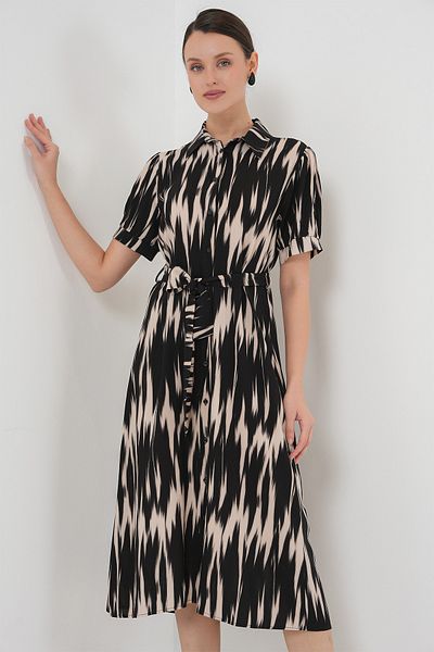 Bigdart Gemustertes Kurzarmkleid 2532 - Schwarz