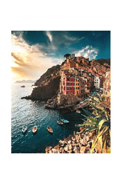 Pastelya Sayılarla Boyama Seti Çerçeveli Kasnaklı Kayalıklardaki Evler 60 x 7...