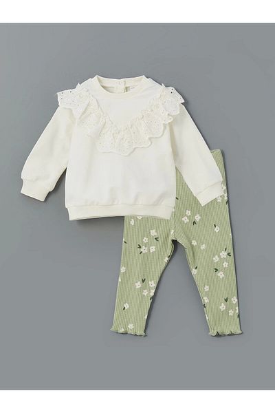 LC Waikiki طقم من قطعتين من سويت شيرت وطماق للفتيات الصغيرات برقبة دائرية من LCW Baby Ecru