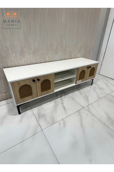 MARIA HOMES Modern Wooden TV Stand with Rattan Doors Stylish 140x40x45 cm & Functional Media Console