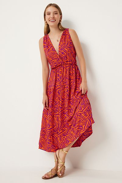 Lovelyİstanbul Orange Purple Patterned V-Neck Summer Viscose Dress Orange Purple Lci0032