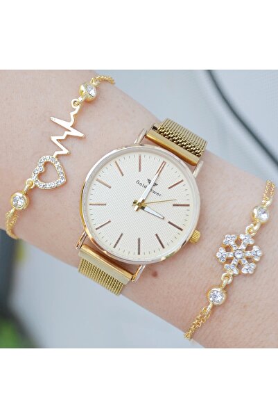 istanbul form Gold Hasır Mıknatıslı Kordon Kadın Saat Kombini 3174