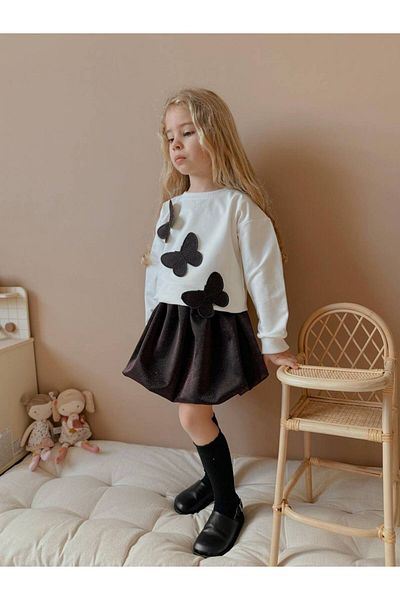 YİGİT BUTİK Butterfly Detailed Glitter Balloon Skirt Girl's Bottom and Top Set