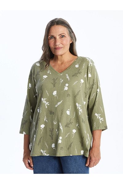 LC Waikiki Lcw Grace Green V-Neck Print Women's Blouse