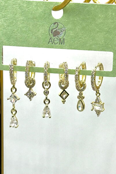 DEMOKAN Kadın Küpe İthal Full Zirkon Seri 6'lı Kare Damla Baget Model Kararma...