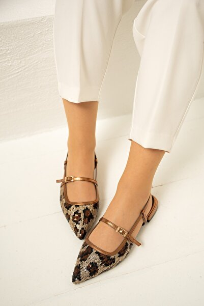 LAMİNTA Pepuza Copper Buckle Sequin Patterned Women's Ballerinas