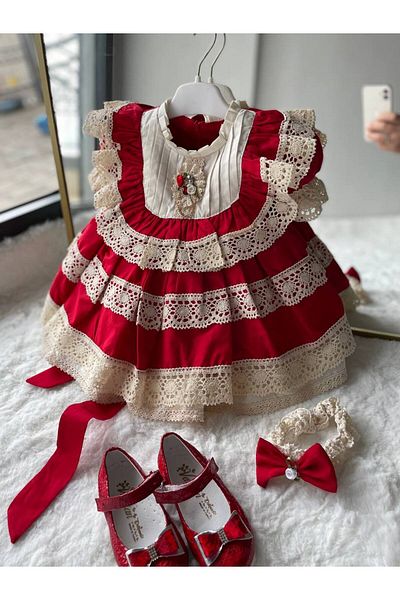 Sare Çocuk Giyim Girl's Red Vintage Raw Cotton Organic Laced Special Occasion Dress