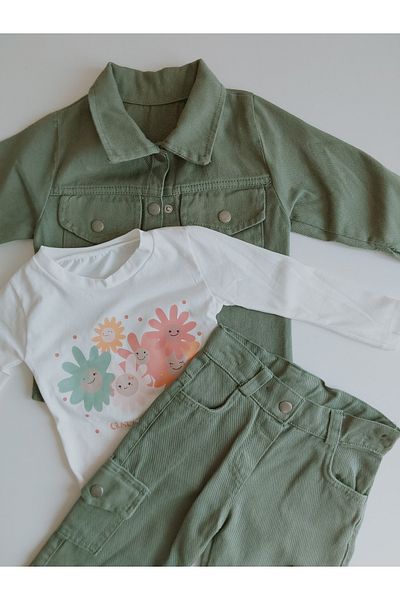 damdamin 100% Cotton Girls Gabardine 3 Piece Set (Pocket Shirt-Long Sleeve Body-Cargo Pocket Pants)