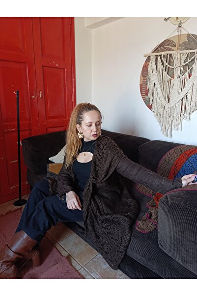 Hippybutik Kahverengi Tiftik Salaş Elbise Görünümlü El Örgüsü Organik Uzun Hı...