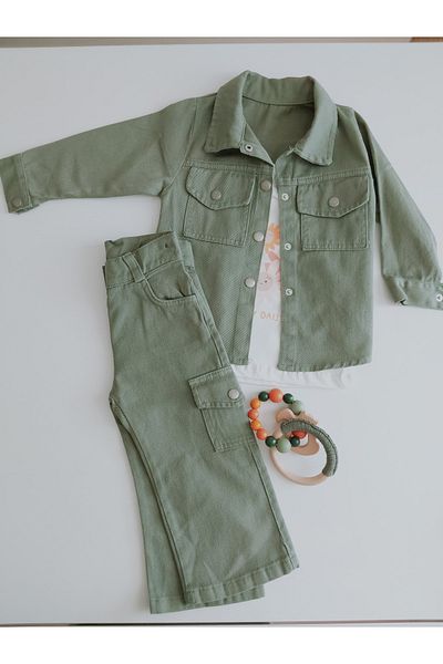 damdamin 100% Cotton Girls Gabardine 3 Piece Set (Pocket Shirt-Long Sleeve Body-Cargo Pocket Pants)