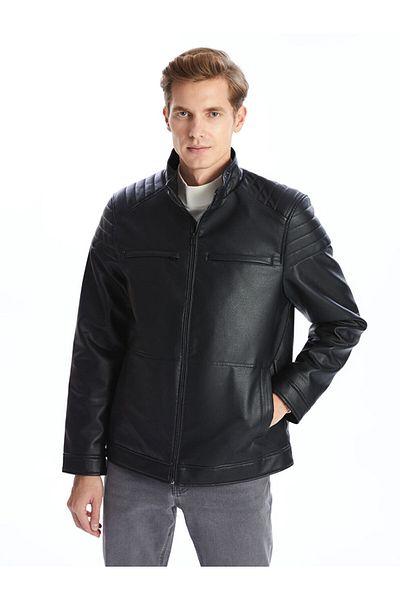 LC Waikiki Ανδρικό δερμάτινο παλτό LCWAIKIKI Classic Standard Fit Stand γιακά