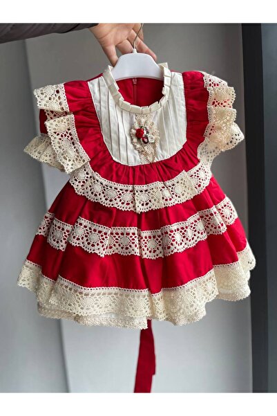 Sare Çocuk Giyim Girl's Red Vintage Raw Cotton Organic Laced Special Occasion Dress