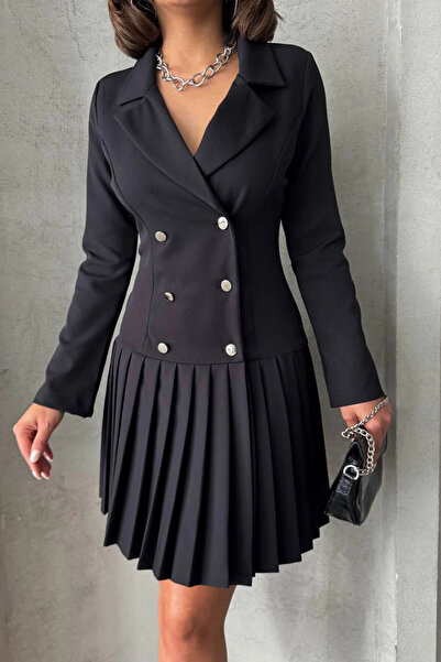 bacc Kadın Siyah Düğme Detaylı Piliseli Dokuma Ceket Elbise Bchn-255016