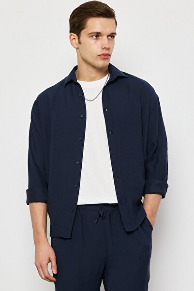 MADZEYMODA Преміум чоловіча ткана сорочка темно-синя LS-19821