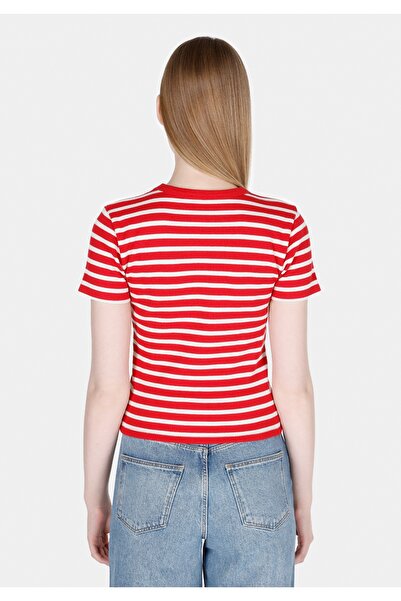 Colin's Slim Fit Γυναικείο μπλουζάκι με στρογγυλή λαιμόκοψη με ρίγες κόκκινο κοντομάνικο Cl1073208