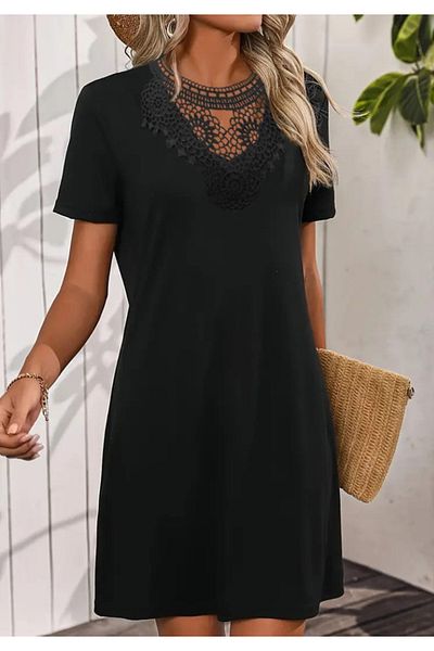 Little Visqon Rochie scurtă din viscoză, cu mâneci scurte, cu guler din dantelă