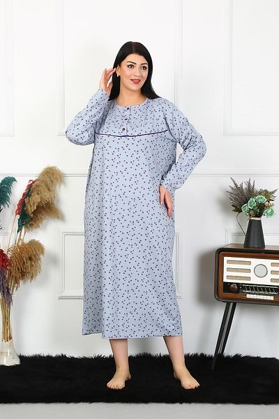 modaserdem Mdsrdm Women's Large Size Long Sleeve Indigo Mother Nightgown 1366