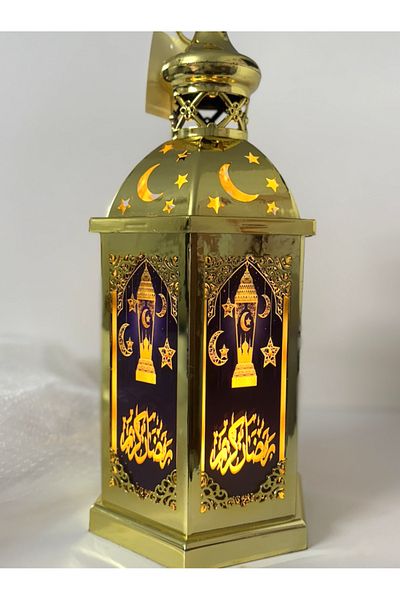 Generic فانوس لون ذهبي مع زجاج ازرق نقشه رمضان كريم مع اضاءه يعمل بالبطاريات