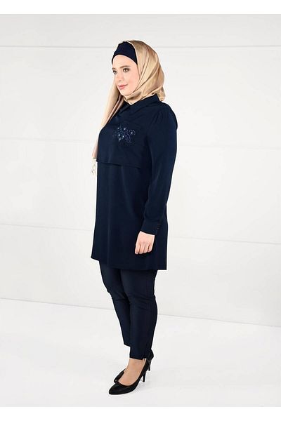 TRENDTESETTÜR Women's Navy Blue Pocket Embroidered Crepe Tunic 2624