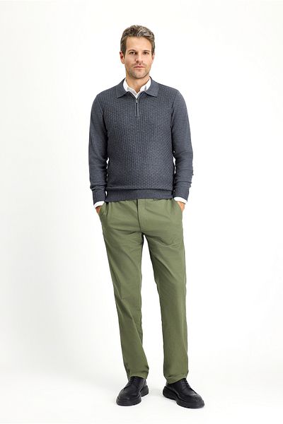 Kiğılı Polo Neck Regular Fit Zippered Patterned Cotton Knitwear Sweater