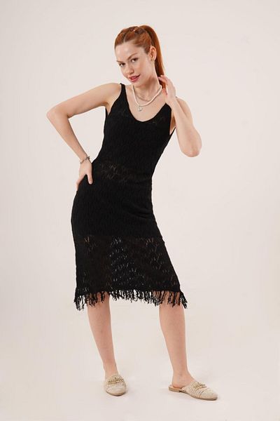 MRA Fashion Openwork V-Neck Tassel Detailed Black Dress