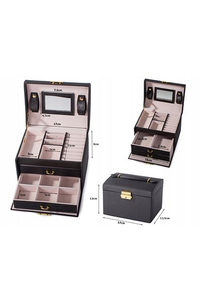 COOYA Portable Makeup Organizer,with 3 Trays And 2 Drawers,17.5×14×13cm,for Jewelry, Black