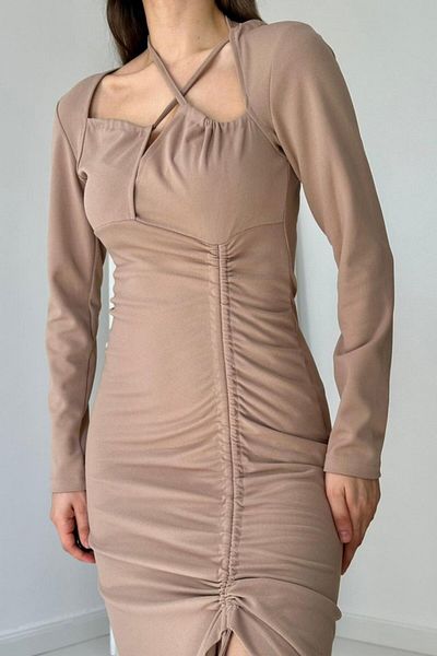 modaserdem Beige Strap and Slit Dress