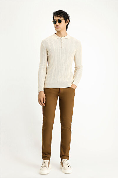 Kiğılı Polo Yaka Slim Fit Dar Kesim Desenli Pamuklu Triko Kazak