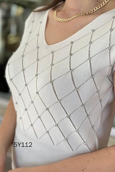 İnce Topuk Zero Sleeve Stone Detail Knitwear Blouse 	 5Y112