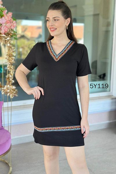 İnce Topuk V-Neck Stripe Detail Viscose Dress 5Y119