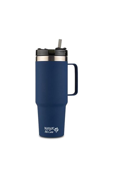 Nava Thermos mug with straw "We Care", navy, 900ml