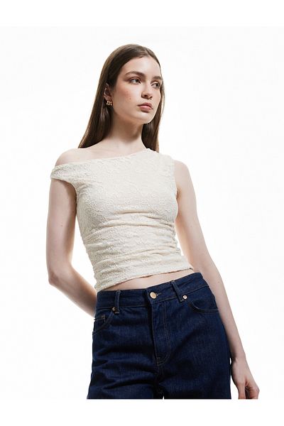Koton Slim Fit Drape Detail Asymmetric Neck Sleeveless Lace Blouse
