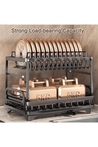 Arabest 41.5*29*29cm Double Layer Black Dish Drainer, Self-Draining Dish Rack with 7 Cup Holders Fully Equipped Space Saving Large Capacity Kitchen Countertop Storage Organizer
