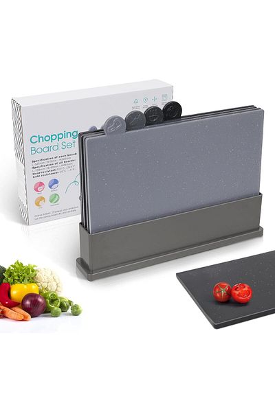 COOYA 4 Pcs Plastic Chopping Board Set,with Extra Thick Colour Coded andStorage Stand