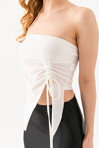 GİYSA Γυναικεία μπλούζα με κορδόνι ασύμμετρη κοπή στράπλες λευκή - 2454