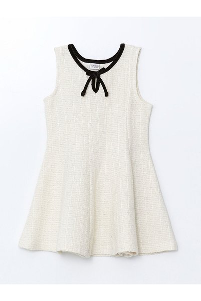 LC Waikiki LCW Kids Ecru Crew Neck Girls' Tweed Dress