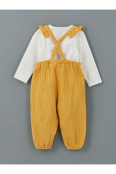 LC Waikiki Lcw Baby Ecru Crew Neck Baby Girl Blouse and Suspender Pants 2Pcs