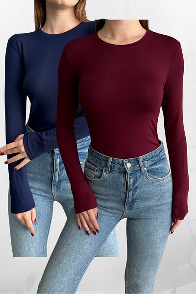 macharel jeans Navy Blue-Claret Red 2-Pece Crew Neck Basic μακρυμάνικο σώμα