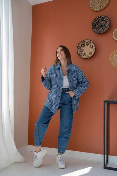 MODAVERA    Indigo Buttoned Plaid Coat