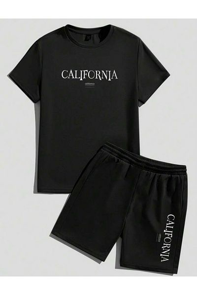 DEZZİİ Black California Printed Shorts T-Shirt Set