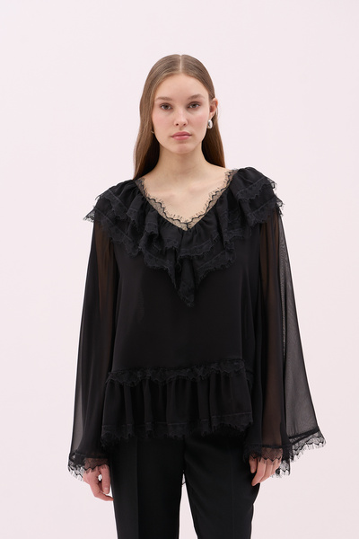 Roman V Yaka Dantel ve Fırfır Detaylı İspanyol Kol Tunik Siyah Y2513304_001
