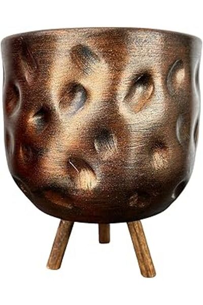 Mu Art Ahşap Bitkitaslan Bitki Tasarım Ev Dekorasyon Aksesuar Copper Patterned Soil Saksi Saksilik Salon Çi