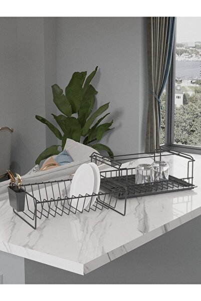 SUNTEL BANYO MUTFAK AKSESUARLARI İki Katlı Modüler Bulaşıklık - Mat Siyah Tabak Organizer