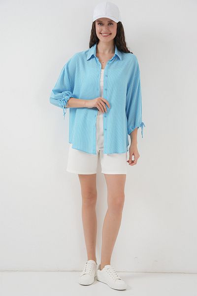 Bigdart Women's Striped Oversize Short Sleeve Shirt 20296 - Blue