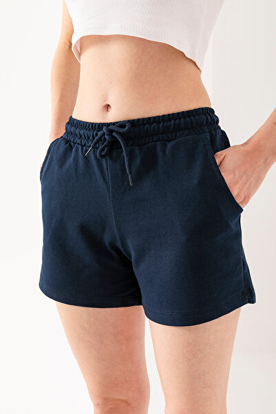 GİYSA Kadın Beli Lastikli Bağcıklı Cepli Şort Lacivert - 25607